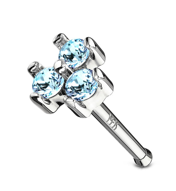 20G Aqua Trinity CZ 14kt White Gold Nosebone