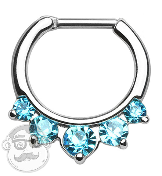 16G Five Aqua CZ Gem Steel Gold Septum Clicker