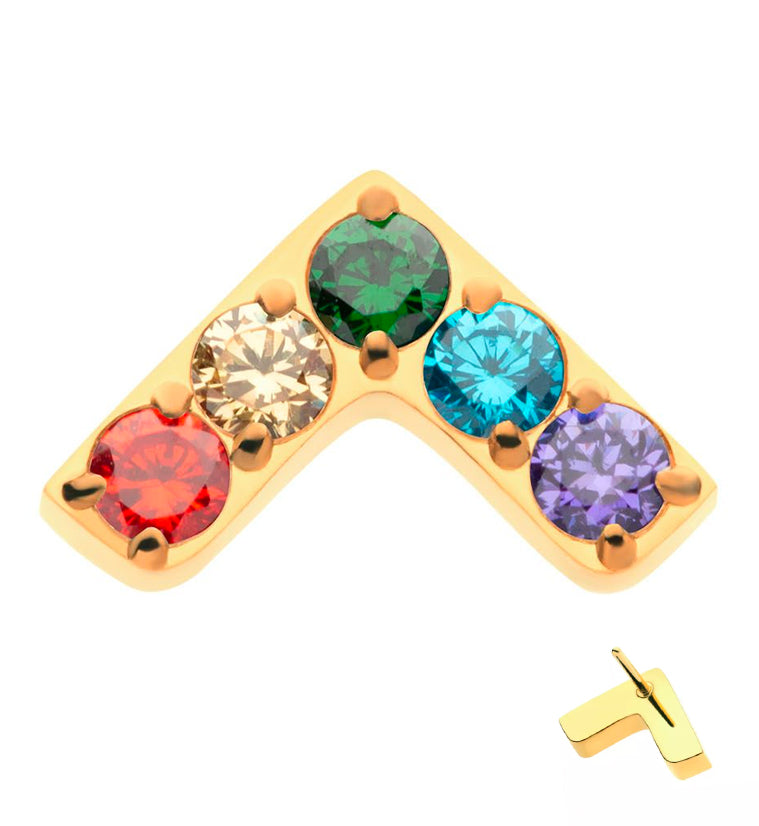 24kt Gold PVD Dart Rainbow CZ Threadless Titanium Top