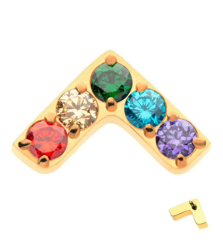 24kt Gold PVD Dart Rainbow CZ Internally Threaded Titanium Top