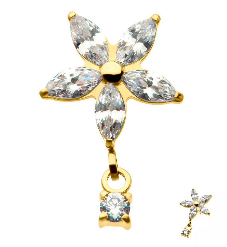 24kt Gold PVD Flower Dangle CZ Threadless Titanium Top