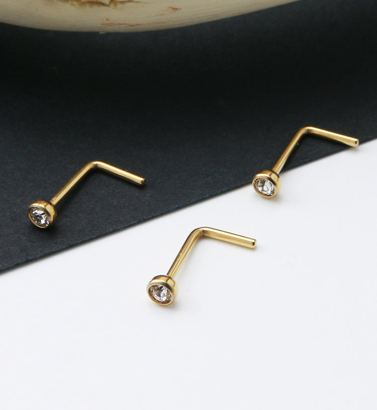 24kt Gold PVD Titanium Bezel CZ L Bend Nose Ring