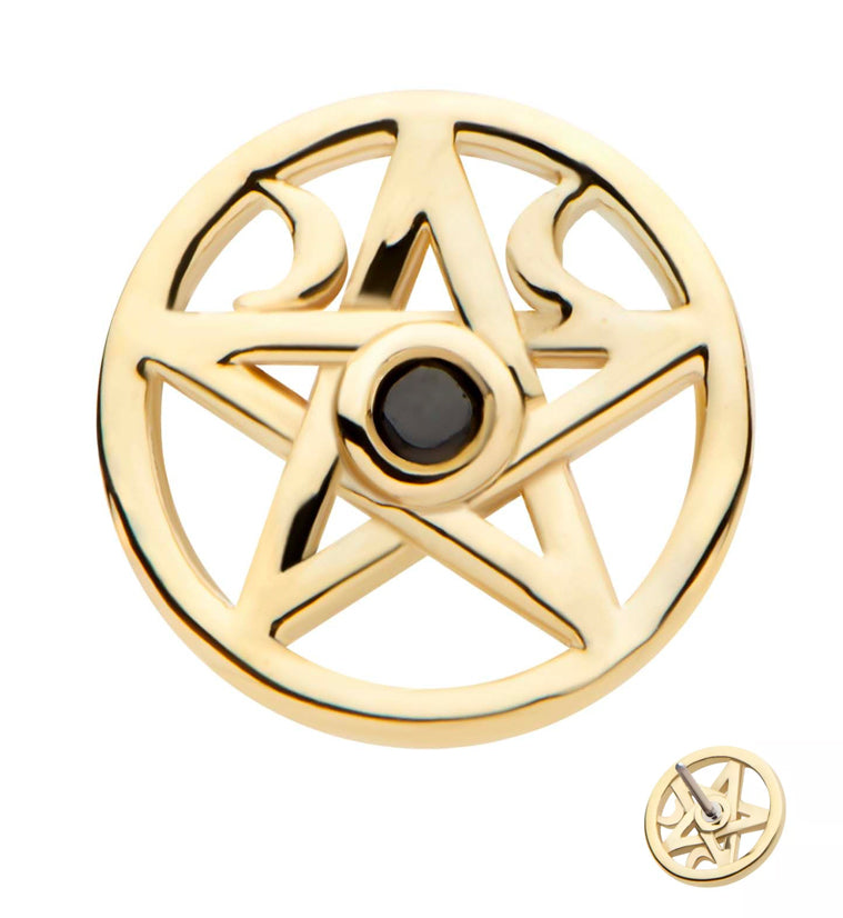 14kt Gold Half Moon Pentacle Black CZ Threadless Top