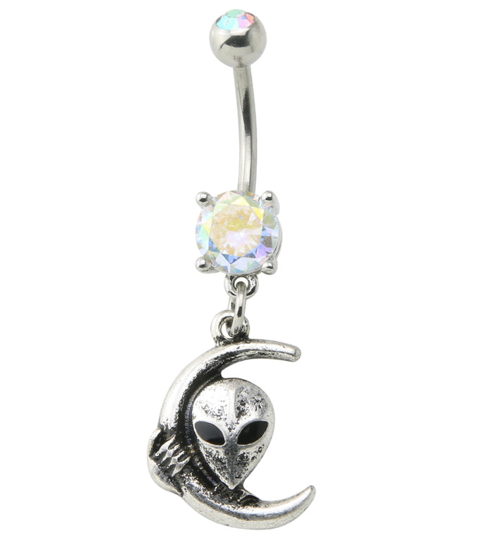 Alien Moon Rainbow Aurora CZ Dangle Stainless Steel Belly Button Ring UrbanBodyJewelry