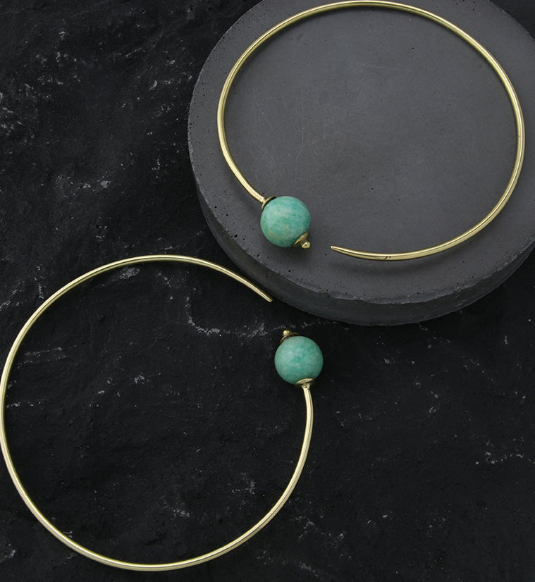 Amazonite Stone Orb Brass Hangers / Plug Hoops