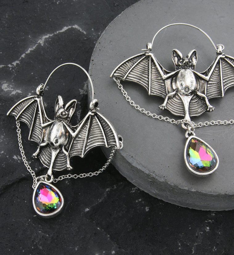 Bat Dangle Chains Black Aurora Teardrop CZ Stainless Steel Plug Hoops