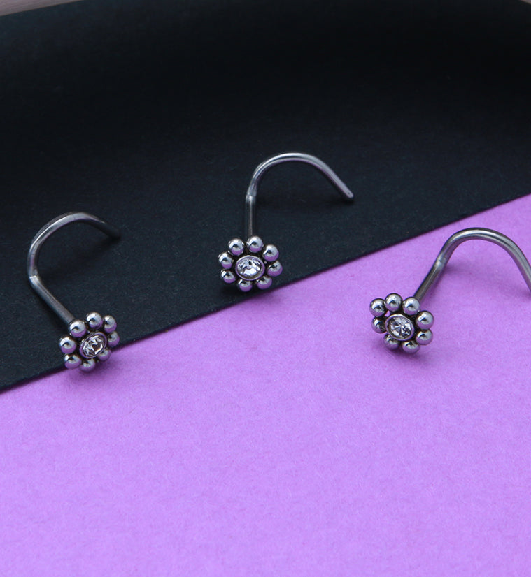 Beaded Flower CZ Nose Screw Ring