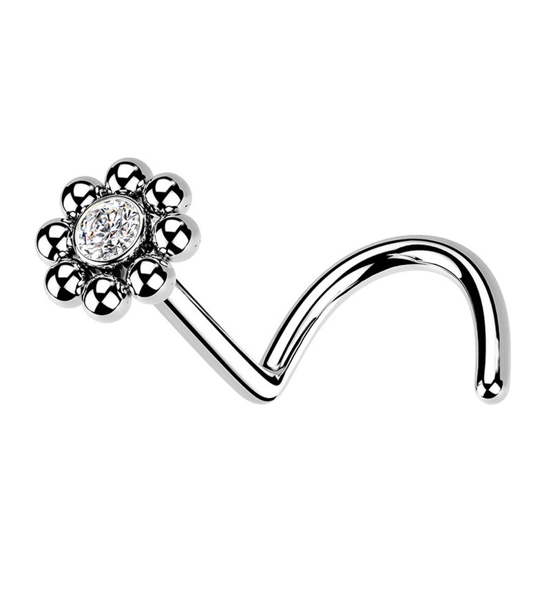 Beaded Flower CZ Nose Screw Ring