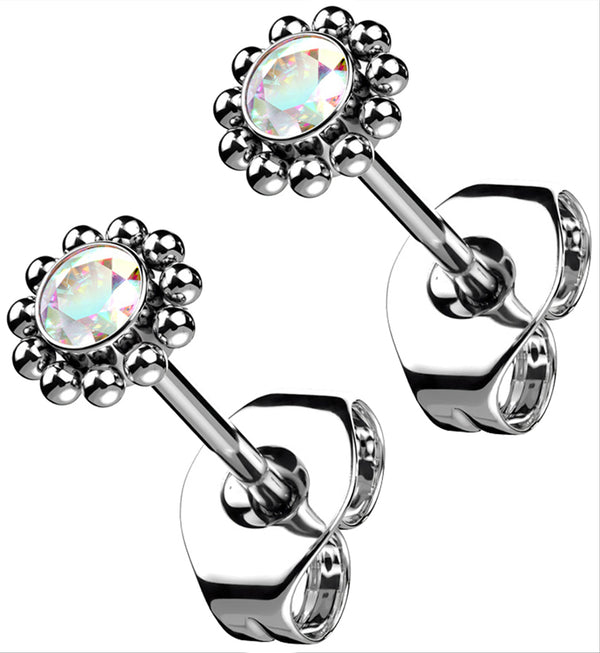 Beaded Rainbow Aurora CZ Titanium Threadless Earrings