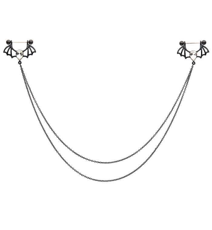 Black PVD Bat Teardrop Clear CZ Connecting Chain Nipple Ring Barbell UrbanBodyJewelry