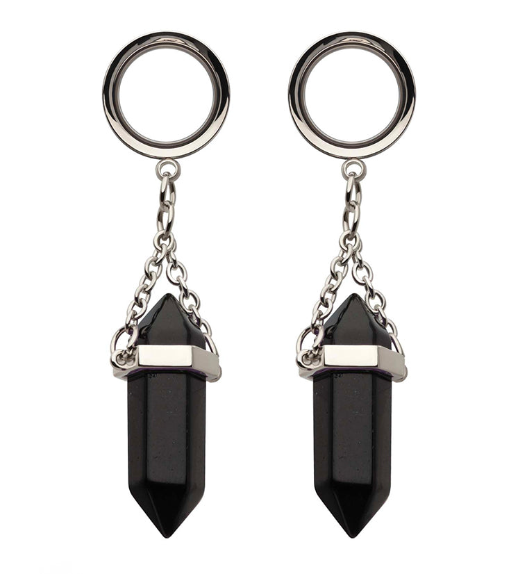 Black Obsidian Crystal Dangle Stainless Steel Tunnel Plugs