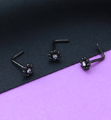 Black PVD Beaded Flower Clear CZ L Bend Nose Stud