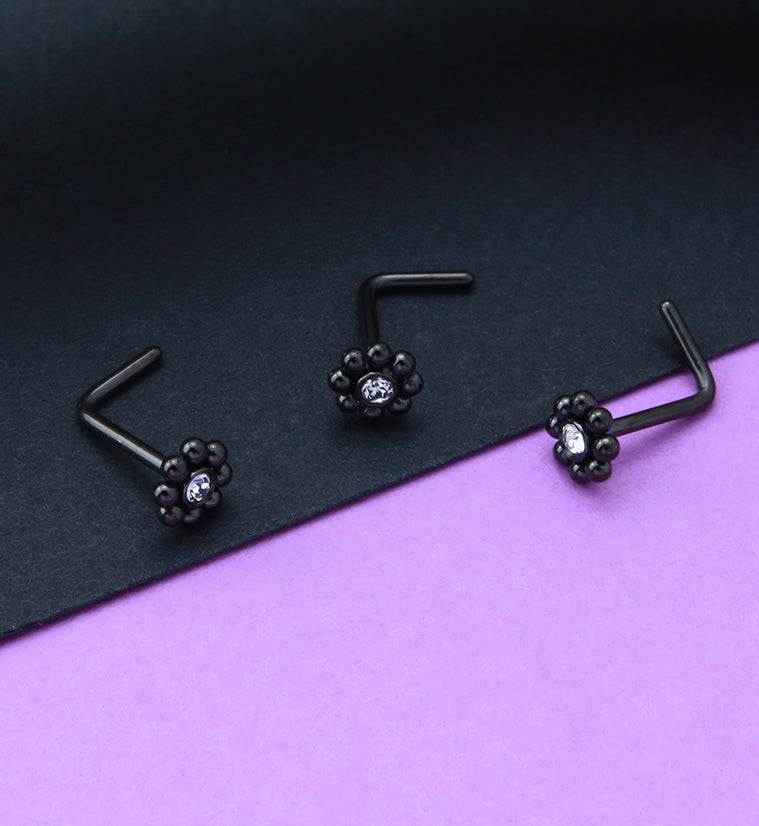 Black PVD Beaded Flower Clear CZ L Bend Nose Stud