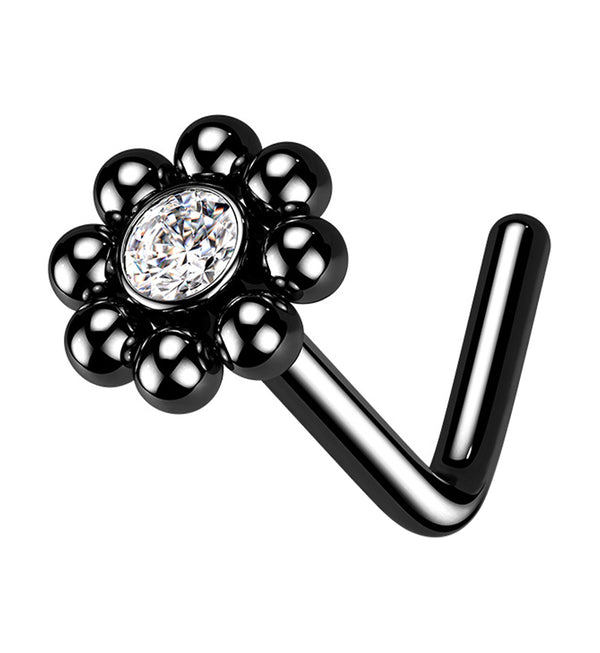 Black PVD Beaded Flower Clear CZ L Bend Nose Stud