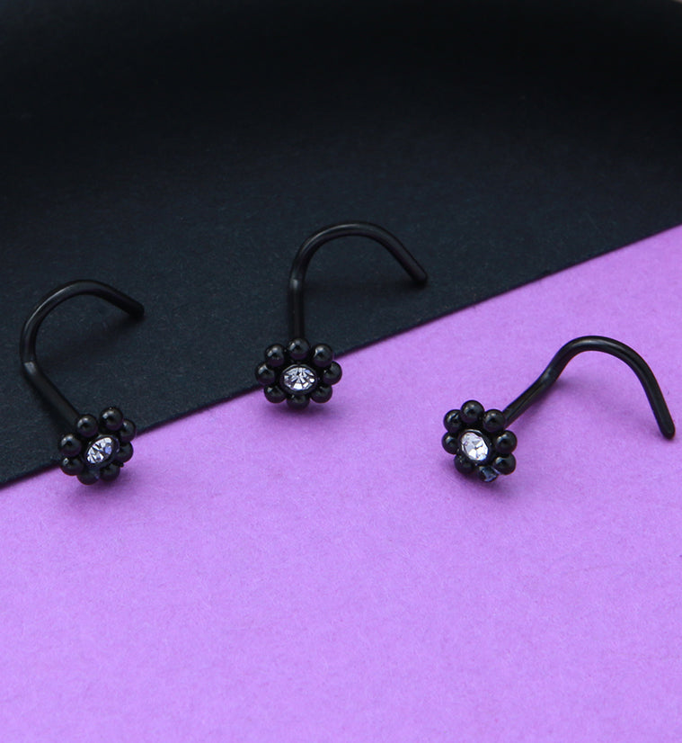 Black PVD Beaded Flower CZ Nose Screw Ring