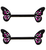 Black PVD Pink Butterfly Wing Stainless Steel Nipple Barbell