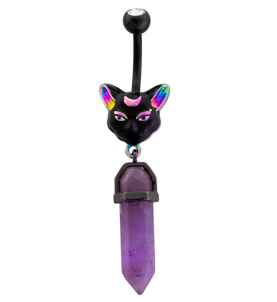 Black PVD Psychedelic Cat Purple Crystal Stainless Steel Belly