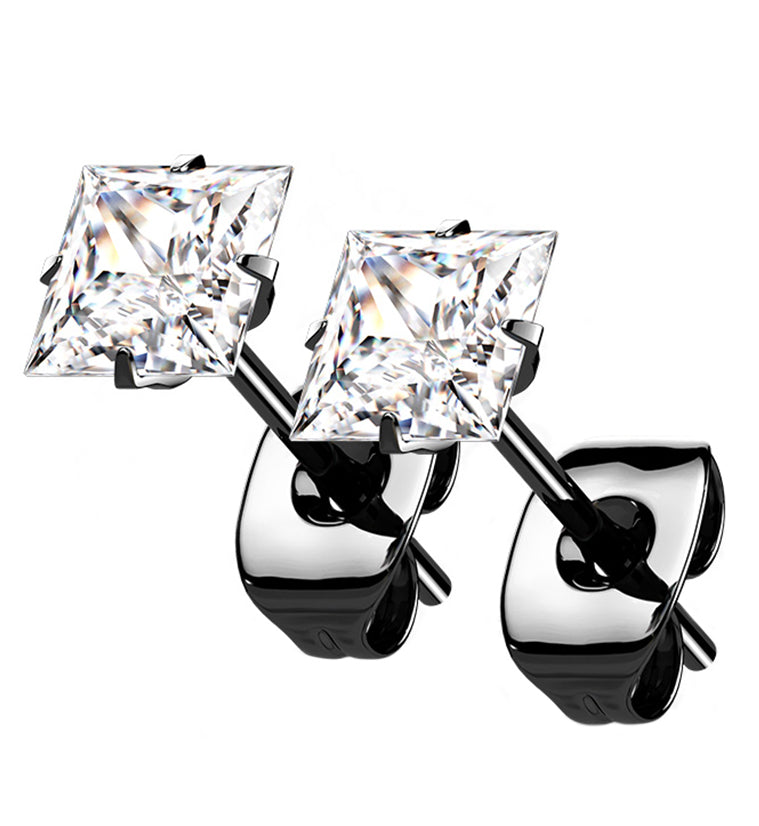 Black PVD Square Prong CZ Titanium Earrings