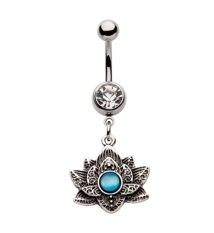 Blue Cat s Eye Lotus Flower Clear CZ Stainless Steel Belly Button Ring UrbanBodyJewelry