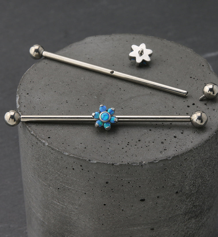 Blue Opalite Flower Titanium Industrial Barbell