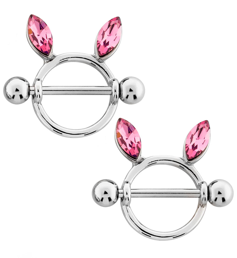 Bunny Ears Pink CZ Nipple Ring Shield