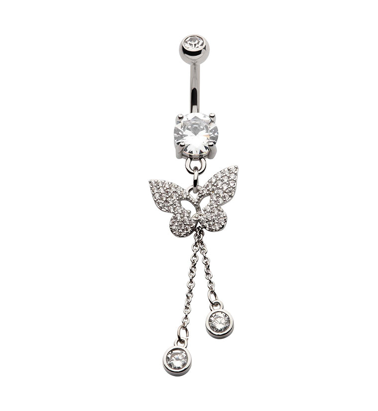 Butterfly Dangle Drop Chain Clear CZ Stainless Steel Belly Button Ring