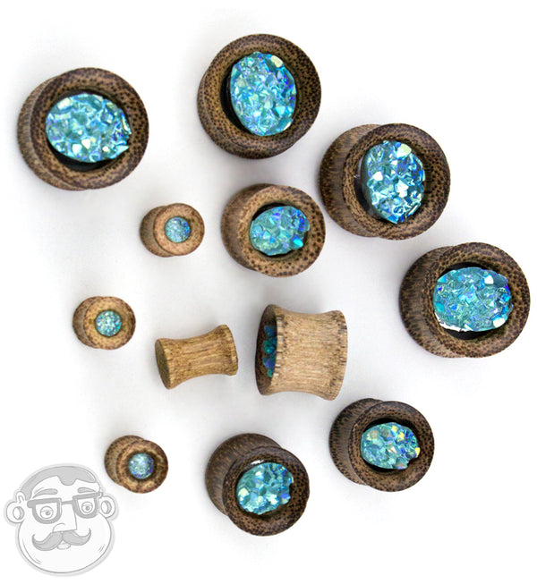 Coconut Wood Tunnels With Aqua Druzy Stone Inlay