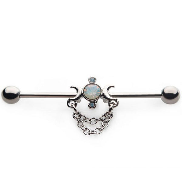 Crescent Moon Opalite Chained Industrial Barbell