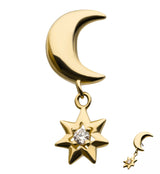 14kt Gold Half Moon Dangle CZ Star Threadless Top