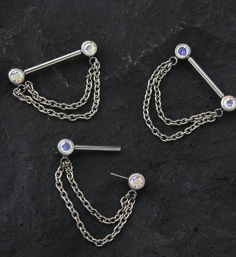 Dangle Chain Rainbow Aurora CZ Threadless Titanium Nipple Bars