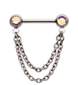 Dangle Chain Rainbow Aurora CZ Threadless Titanium Nipple Bars