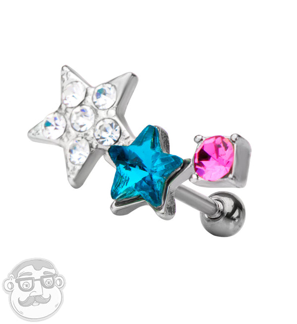 18G Multi Gem Triple Star Cartilage Barbell