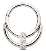 Double Hoop Triple Clear CZ Bar Stainless Steel Hinged Segment Ring