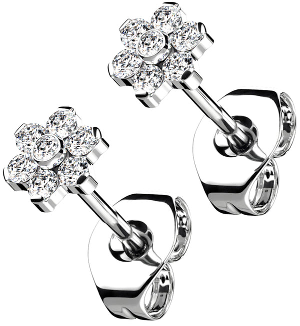 Flower Clear CZ Titanium Threadless Earrings