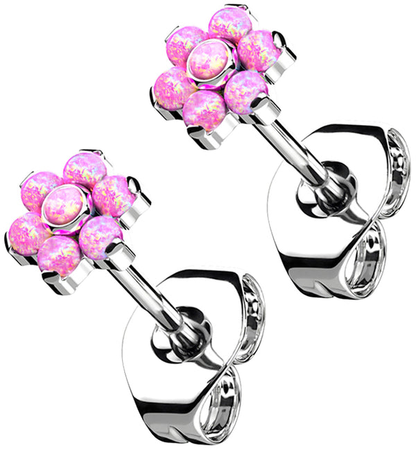 Flower Pink Opalite Titanium Threadless Earrings