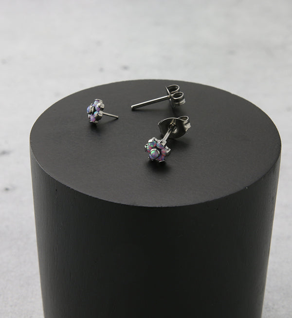 Flower Purple Opalite Titanium Threadless Earrings