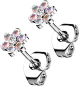 Flower Rainbow Aurora CZ Titanium Threadless Earrings