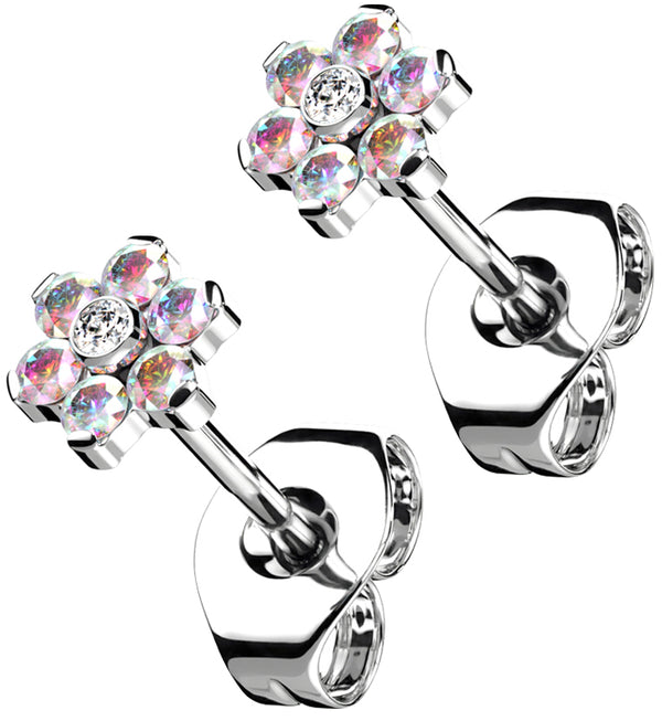 Flower Rainbow Aurora CZ Titanium Threadless Earrings