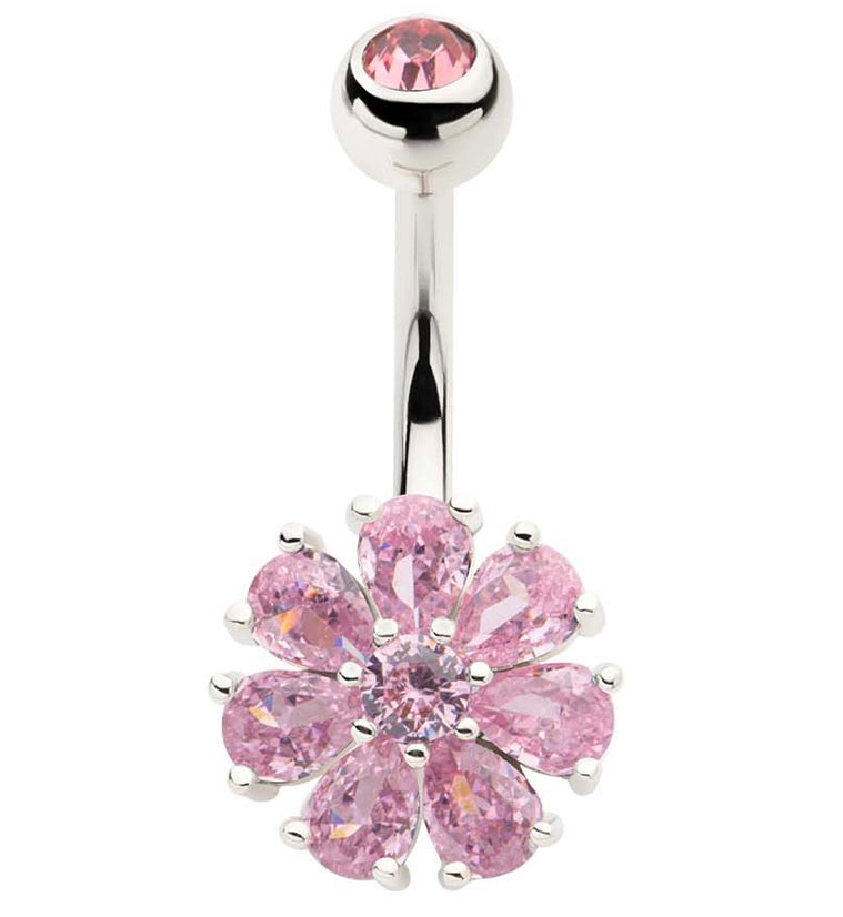 Flower Teardrop Pink CZ Stainless Steel Belly Button Ring