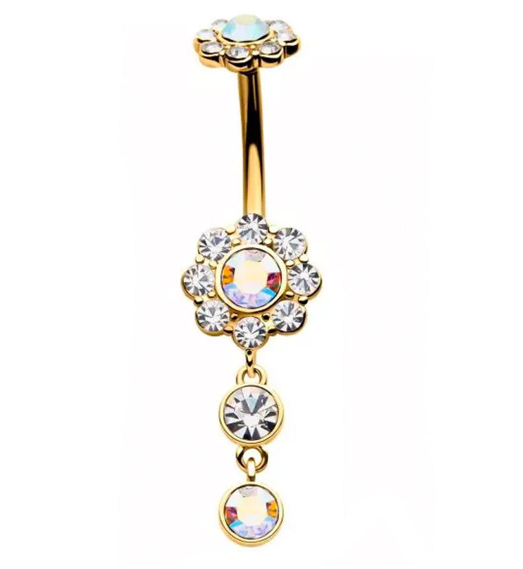 Gold PVD Rainbow Aurora CZ Dangle Flower Belly Button Ring