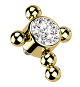 Gold PVD Beaded Cross Clear CZ Titanium Internally Threaded Top