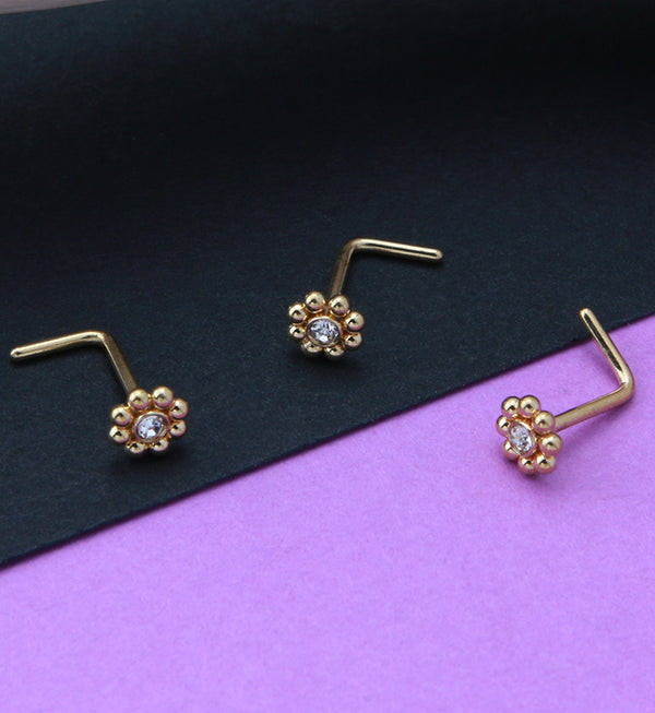 Gold PVD Beaded Flower Clear CZ L Bend Nose Stud