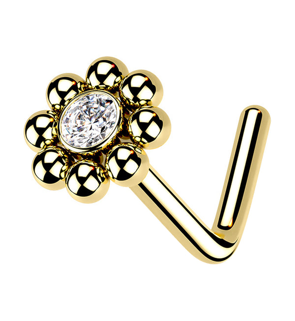 Gold PVD Beaded Flower Clear CZ L Bend Nose Stud