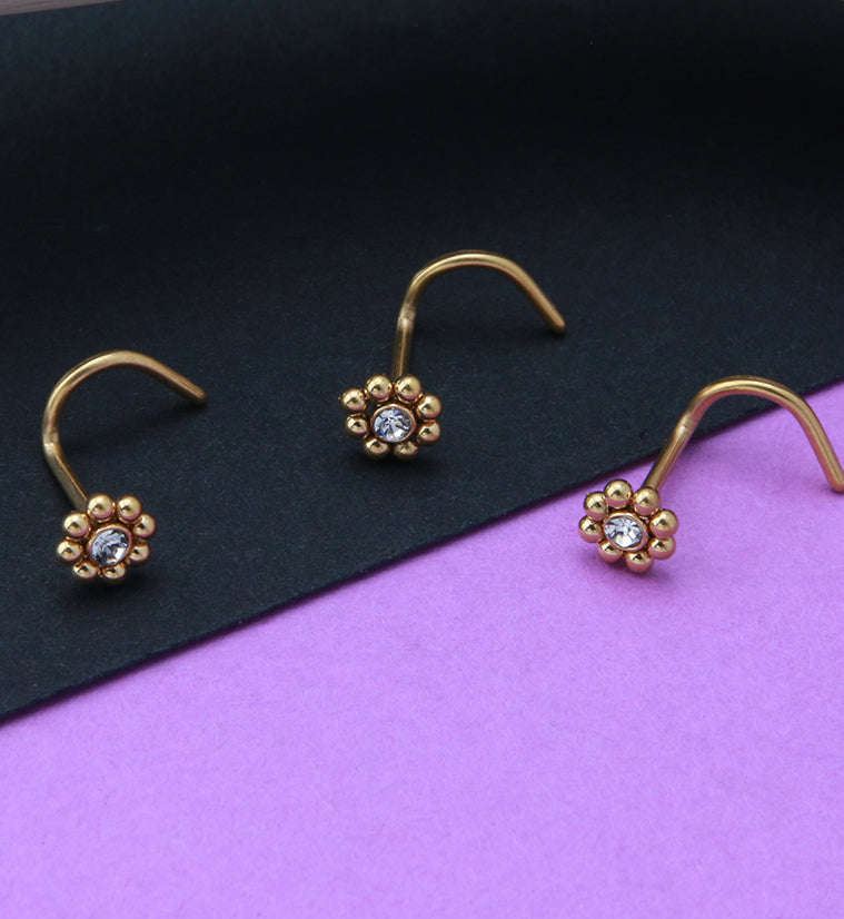 Gold PVD Beaded Flower CZ Nose Screw Ring