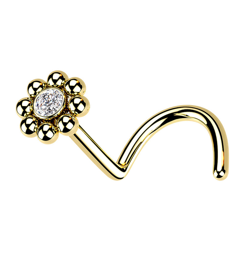 Gold PVD Beaded Flower CZ Nose Screw Ring