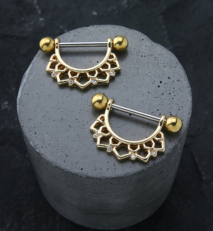 Gold PVD Lotus Flower Clear CZ Row Nipple Ring Barbell UrbanBodyJewelry