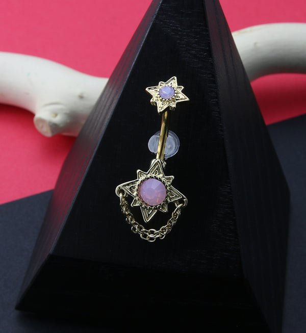 Gold PVD North Star Pink Opalite Dangle Chain Belly Button Ring