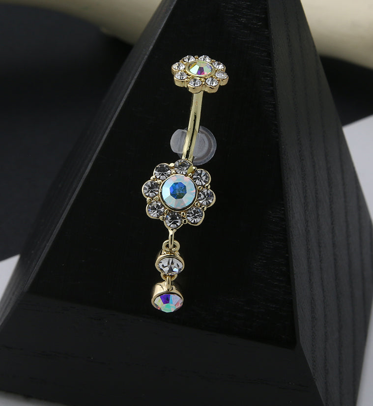 Gold PVD Rainbow Aurora CZ Dangle Flower Belly Button Ring