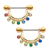 Gold PVD Rainbow CZ Beads Nipple Ring Barbell