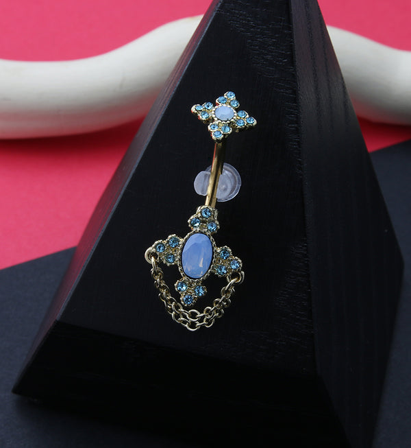 Gold PVD Regal Opalite Dangle Chain Aqua CZ Belly Button Ring